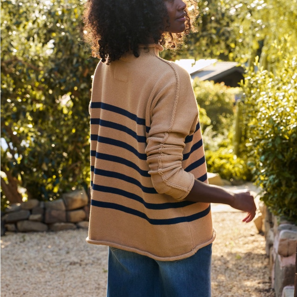 Frank Eileen Sweater Monterey Striped Rolled Funnel Neck Chunky Knit Pullover XS - Picture 4 of 8